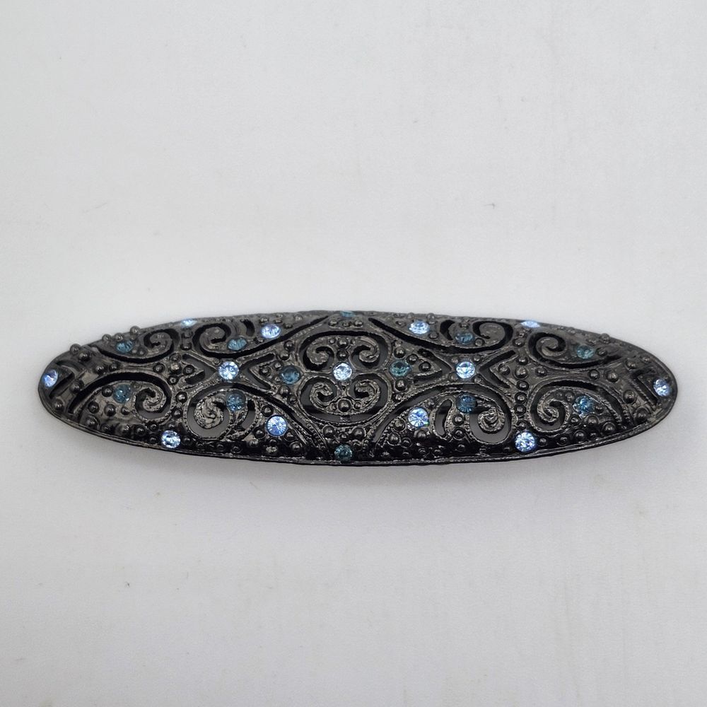Vintage 1928 Black Metal Bar Brooch With‎ Blue Rhinestones